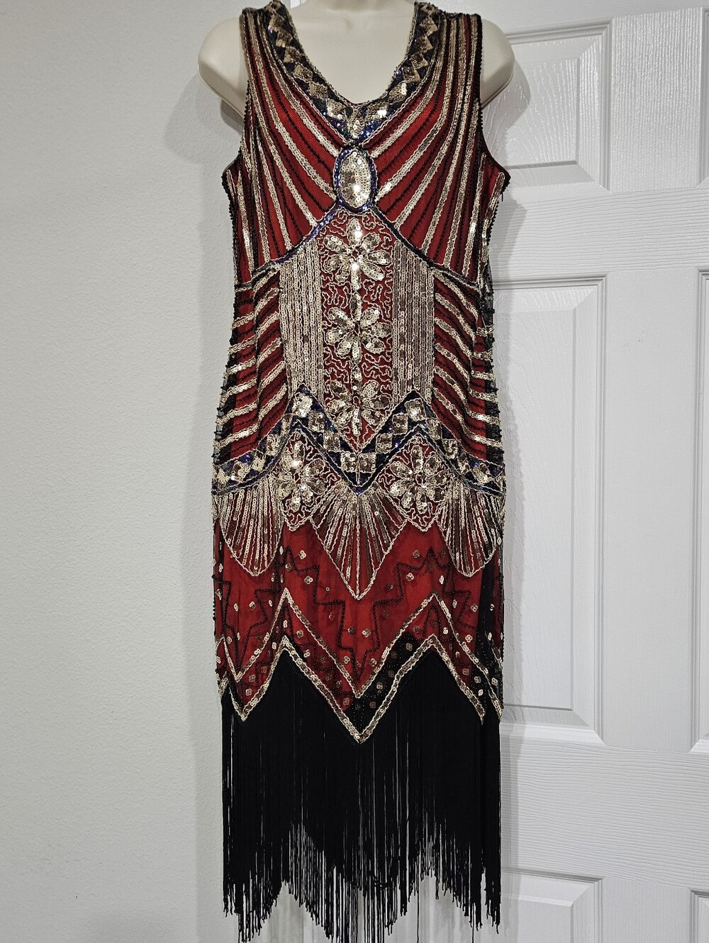 Red Beaded Fringe Flapper Dress - Vintage-Inspired Evening Dress